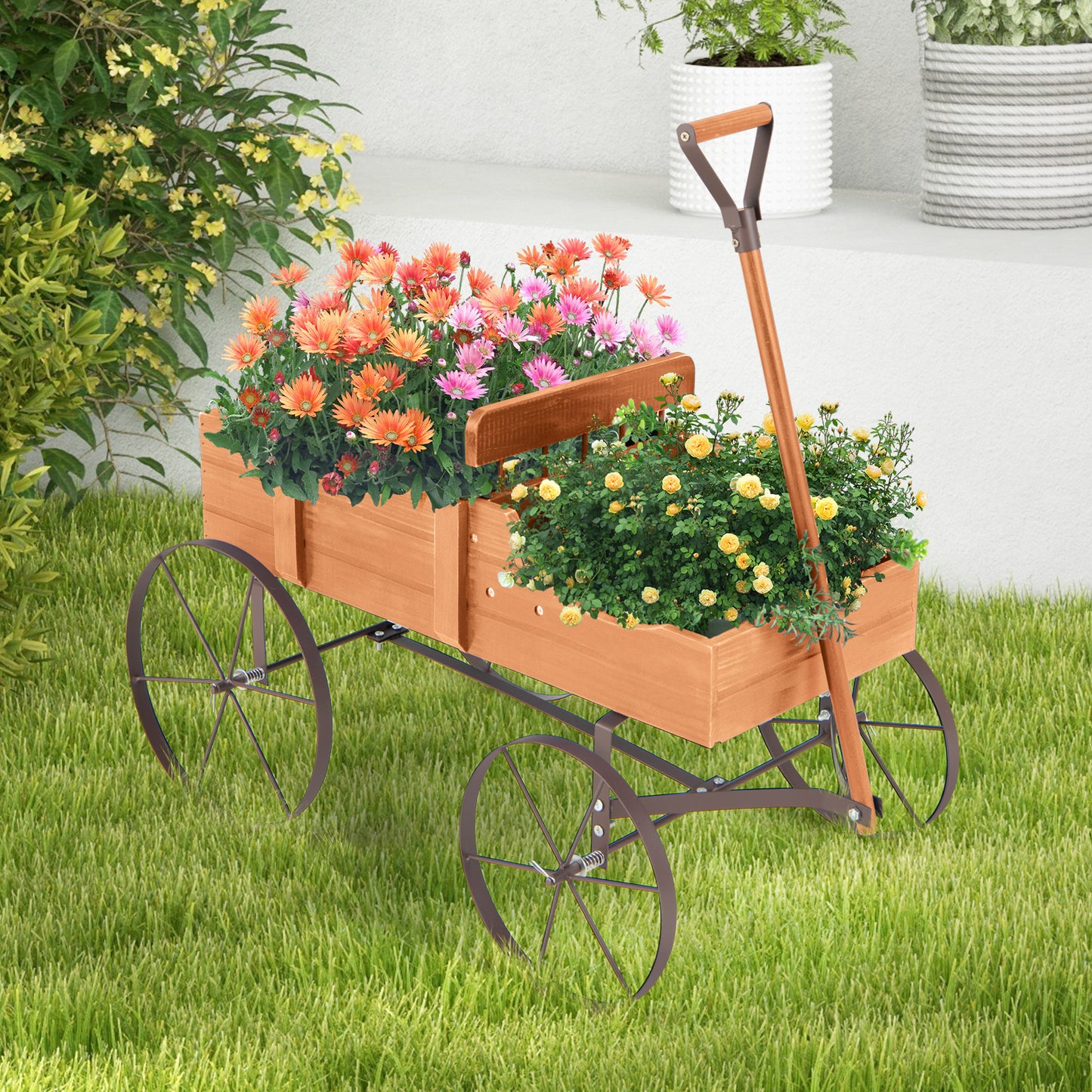 Wood Wagon Flower Planter with Wheels and 2 Planting Sections-Grey