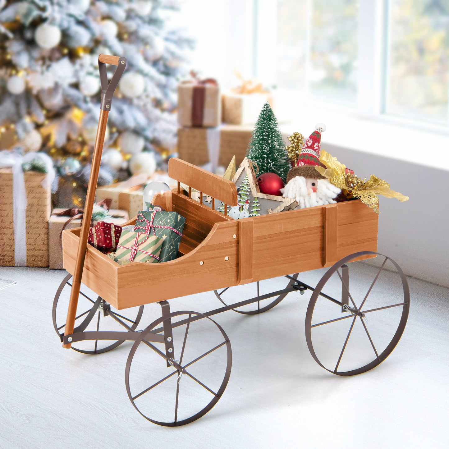 Wood Wagon Flower Planter with Wheels and 2 Planting Sections-Grey