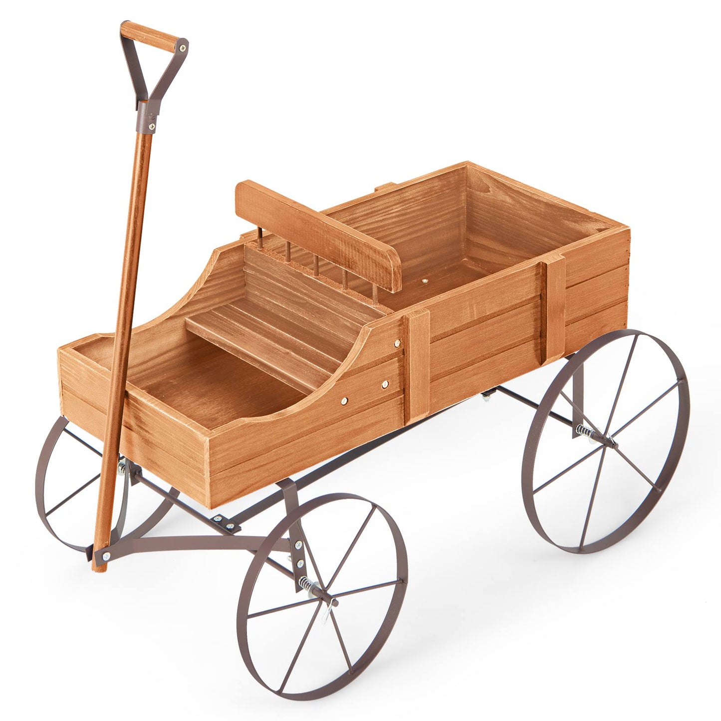 Wood Wagon Flower Planter with Wheels and 2 Planting Sections-Grey