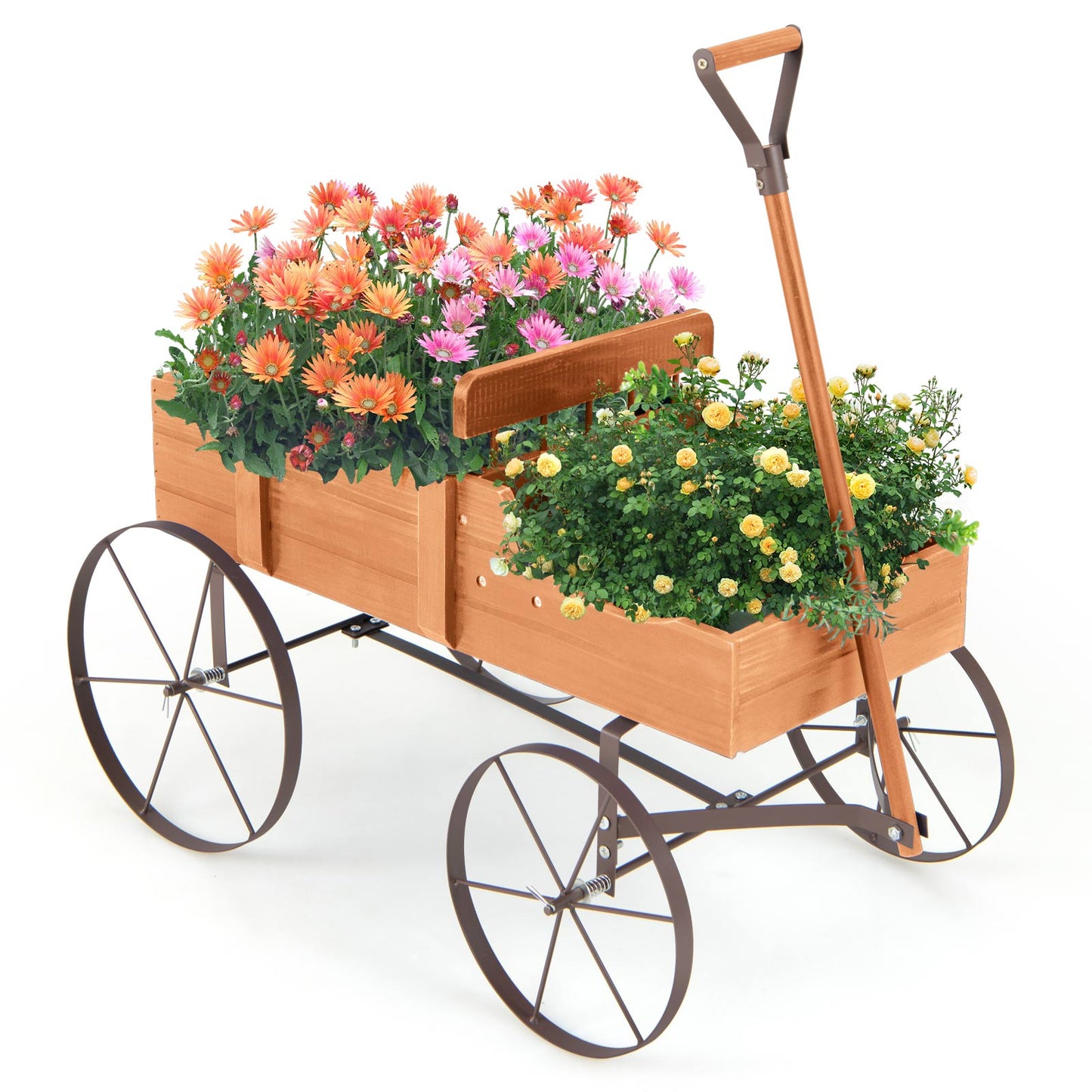 Wood Wagon Flower Planter with Wheels and 2 Planting Sections-Grey