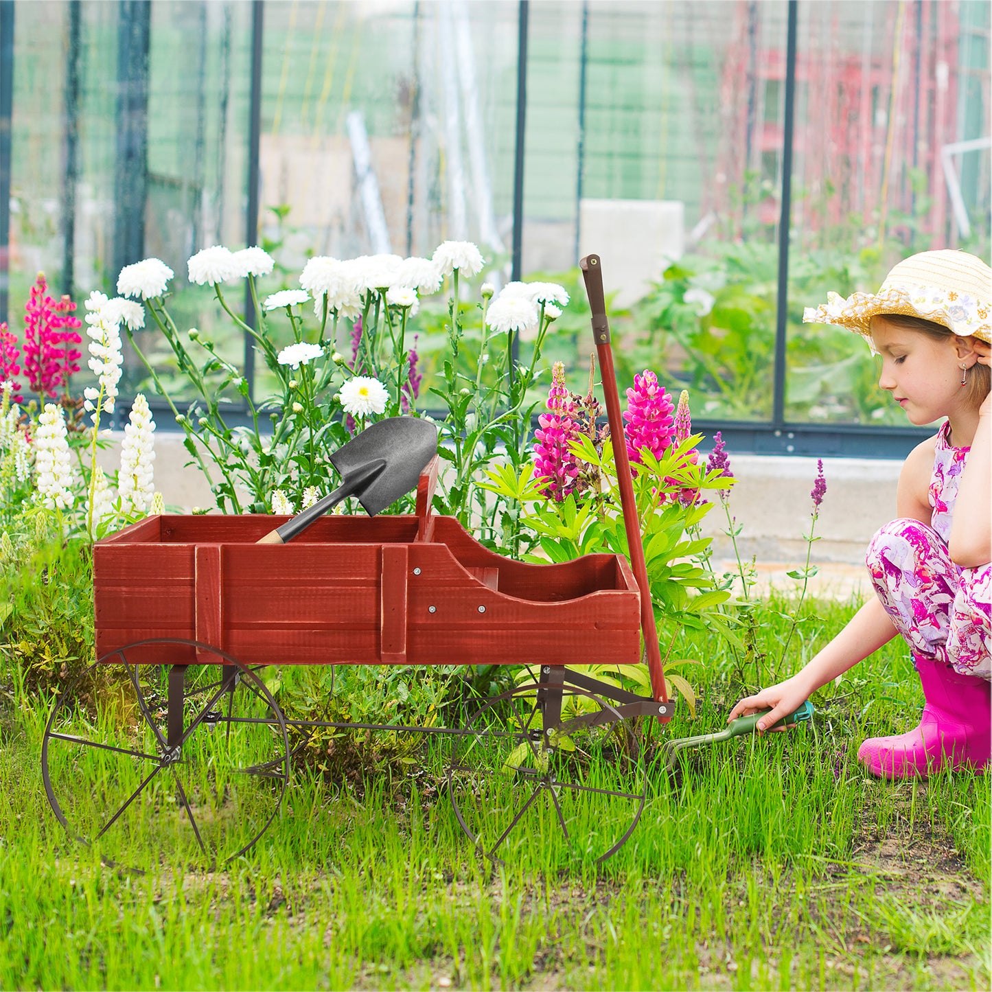 Wood Wagon Flower Planter with Wheels and 2 Planting Sections-Grey