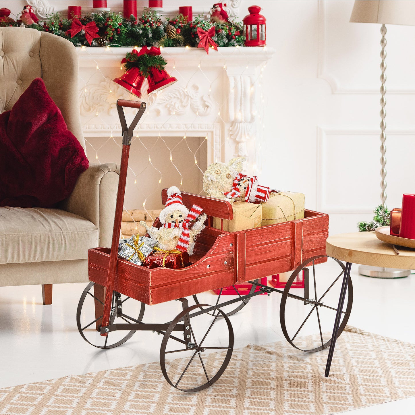 Wood Wagon Flower Planter with Wheels and 2 Planting Sections-Grey
