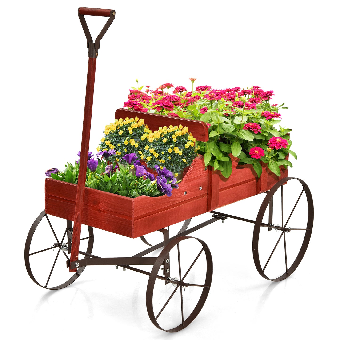 Wood Wagon Flower Planter with Wheels and 2 Planting Sections-Grey