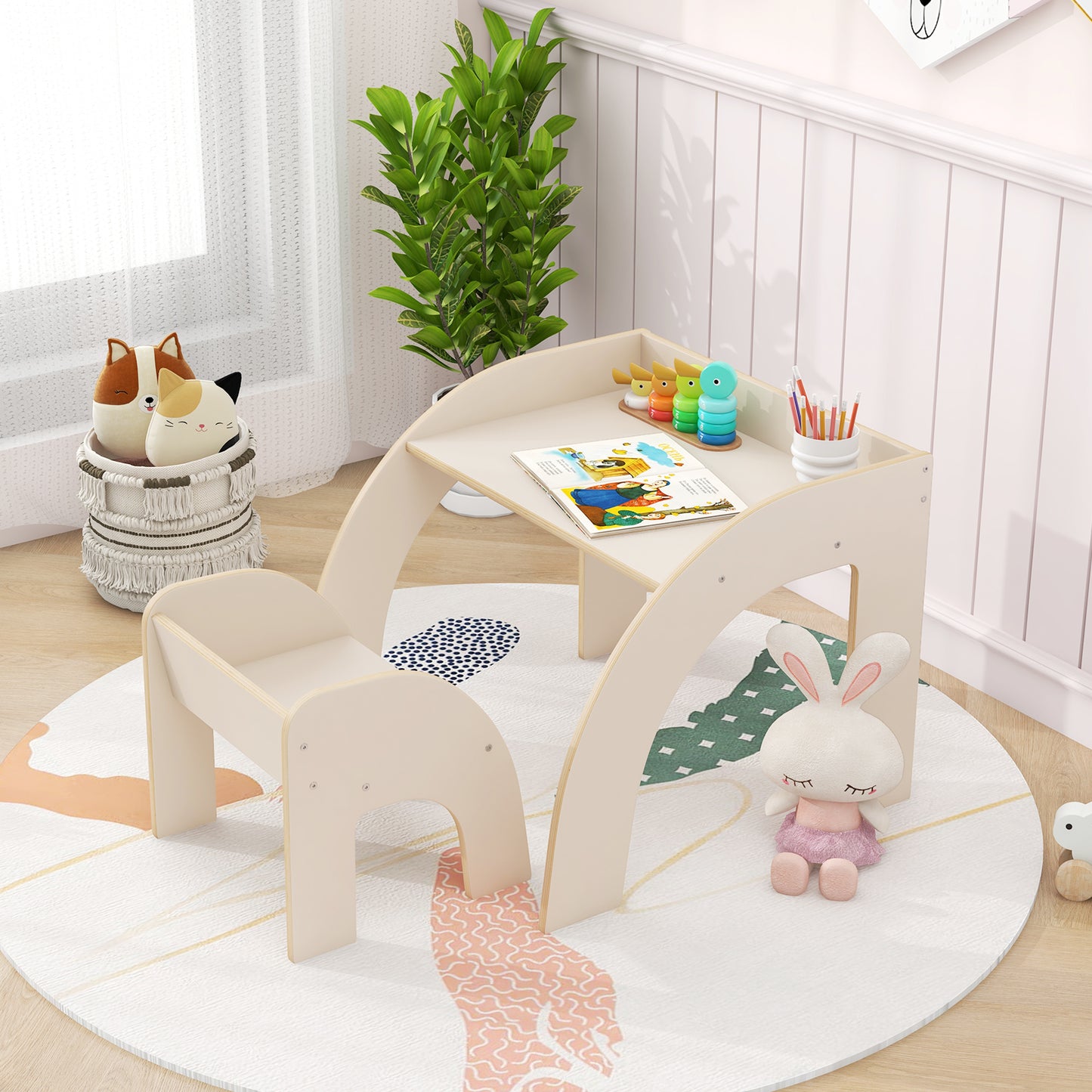 Wooded Toddler Kids Desk and Chair Set with Proper Height-Natural