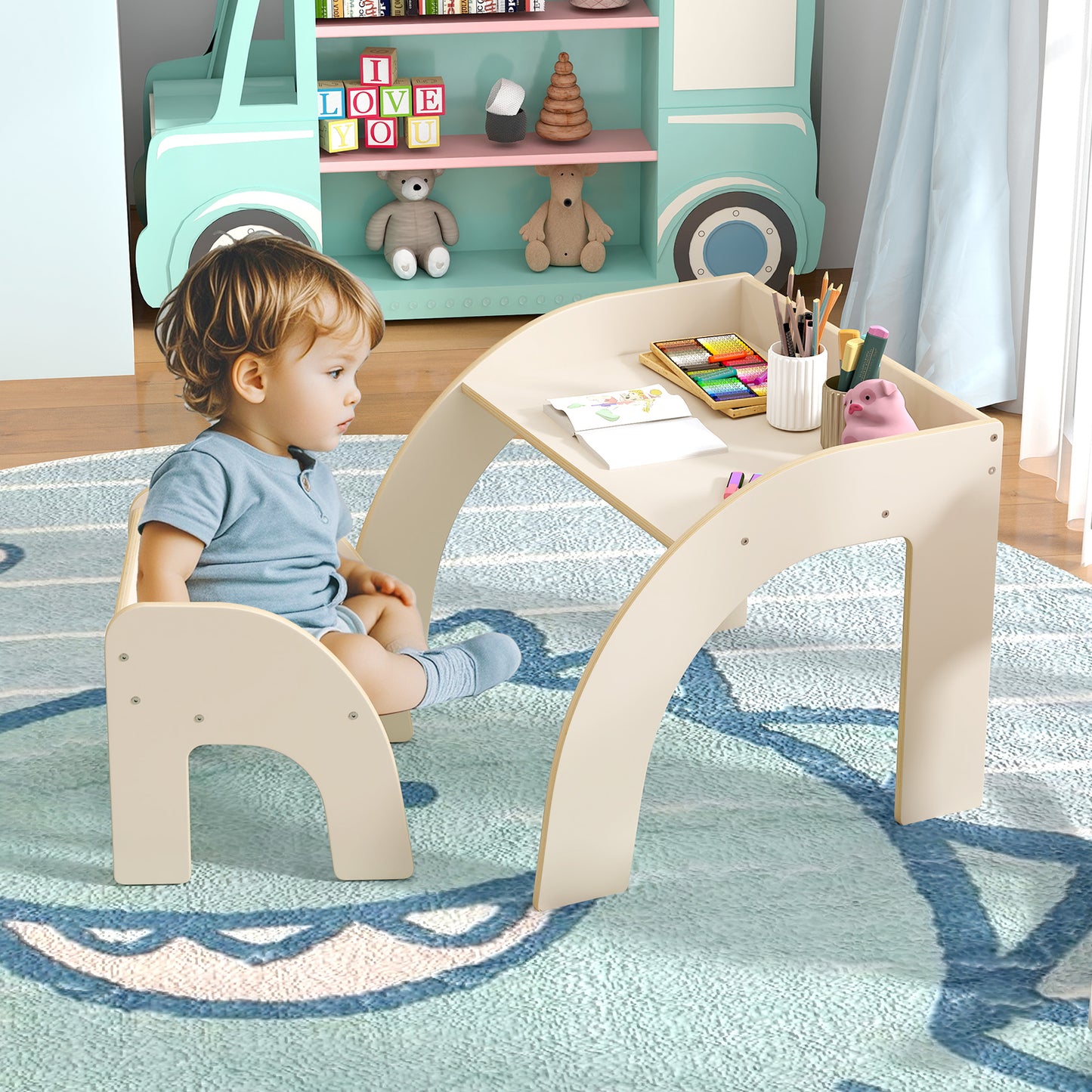 Wooded Toddler Kids Desk and Chair Set with Proper Height-Natural