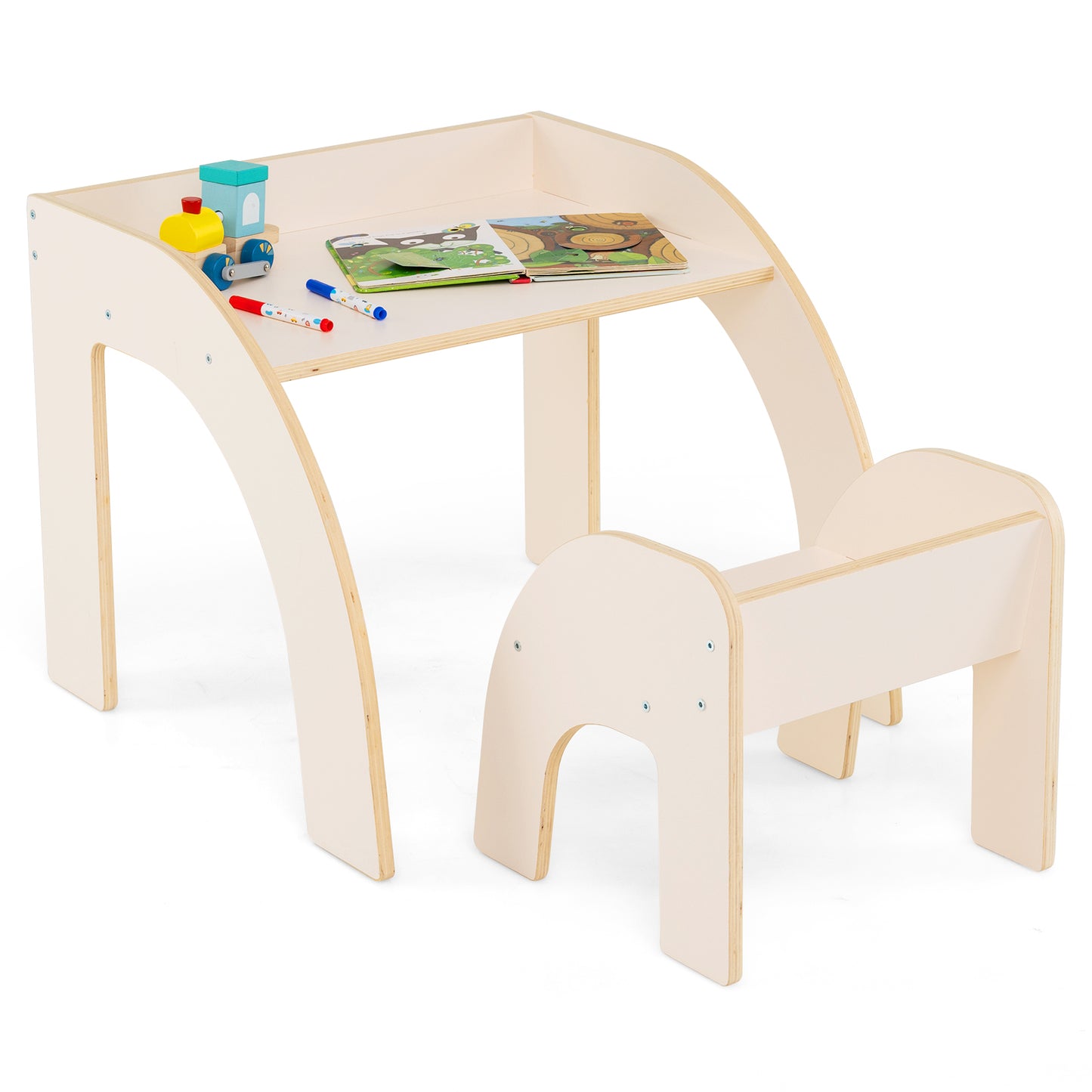 Wooded Toddler Kids Desk and Chair Set with Proper Height-Natural