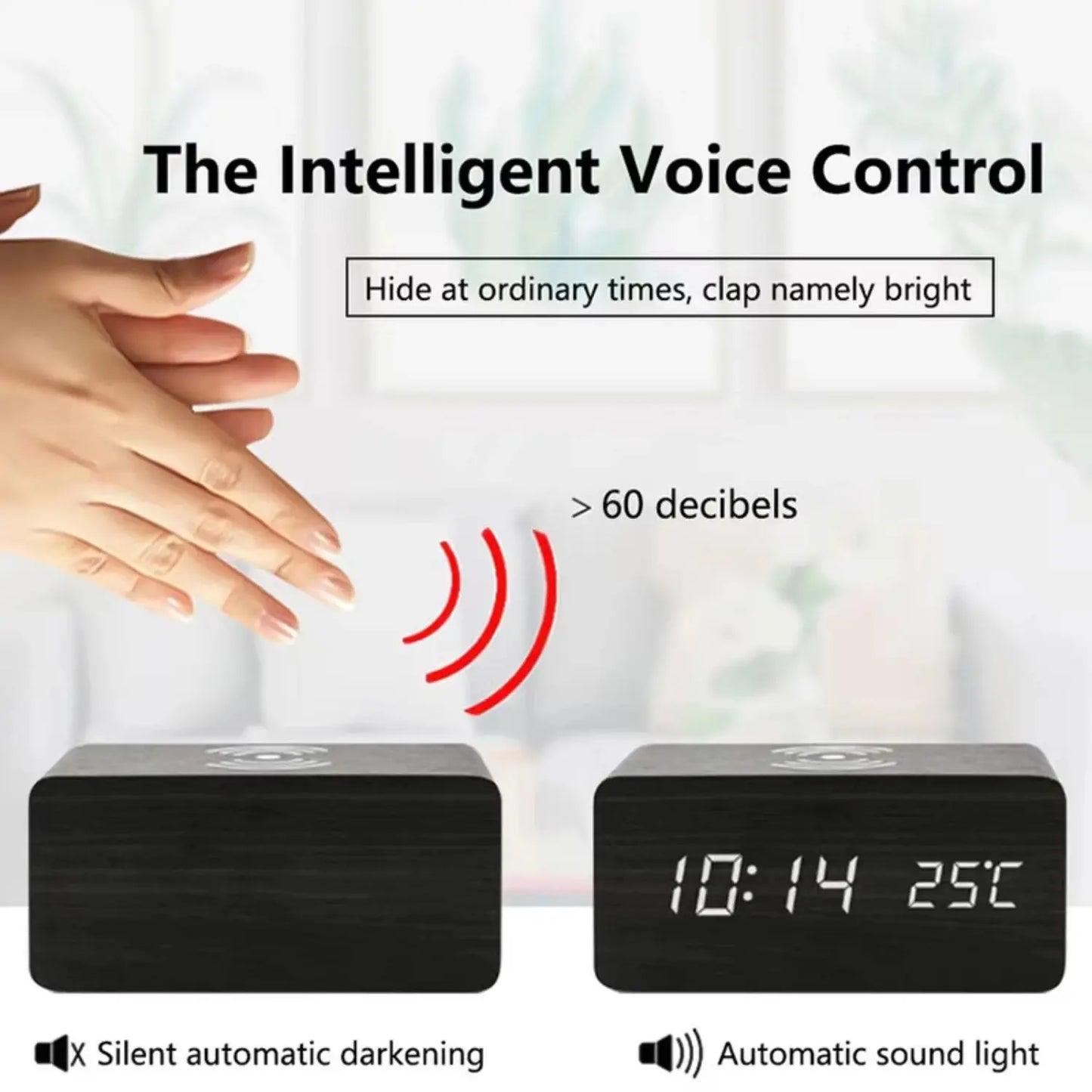 Wooden Digital Alarm Clock with Wireless Charging,  Clock with Time, Date,Temperature, Desk Clocks  Office,Bedside Clock Clock