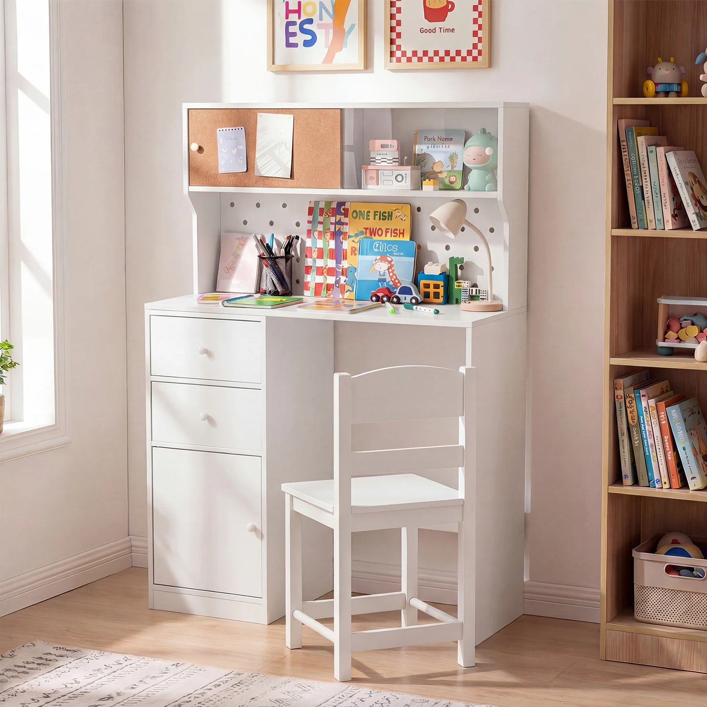 Wooden Kids Study Desk and Chair Set with 2 Cabinets and Drawers-Natural