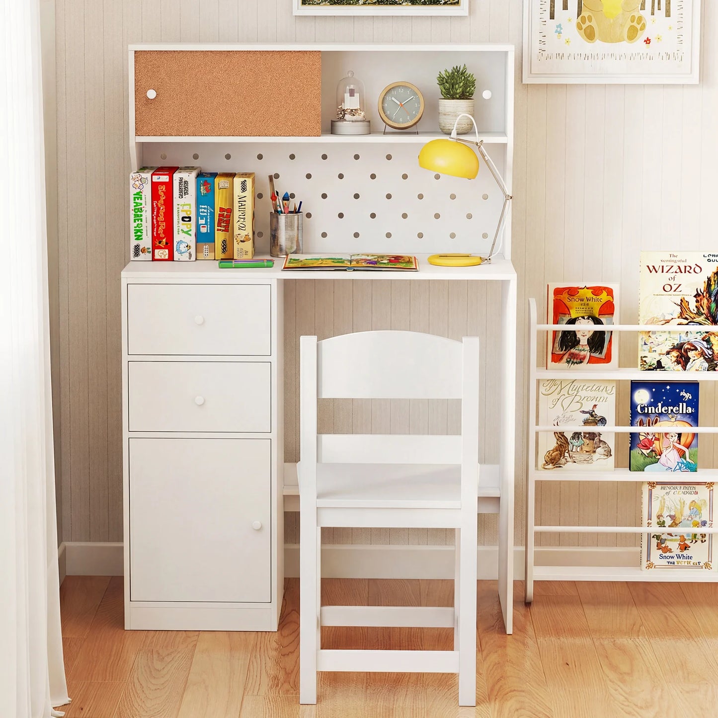 Wooden Kids Study Desk and Chair Set with 2 Cabinets and Drawers-Natural