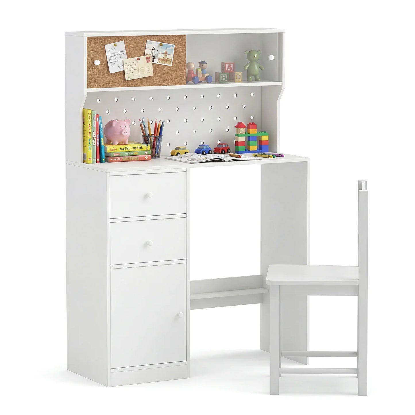 Wooden Kids Study Desk and Chair Set with 2 Cabinets and Drawers-Natural