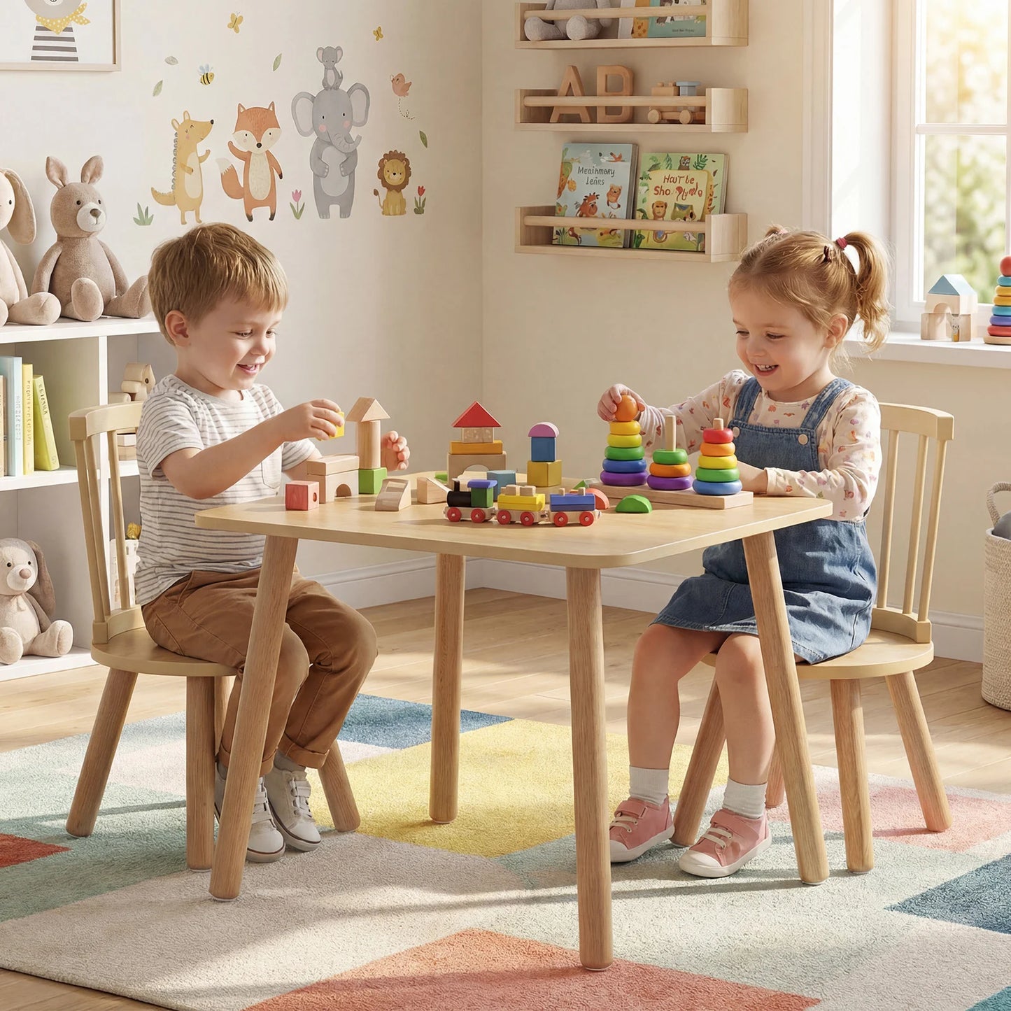 Wooden Kids Table and 2 Chairs Set with Curved Spindle Backrests-Natural