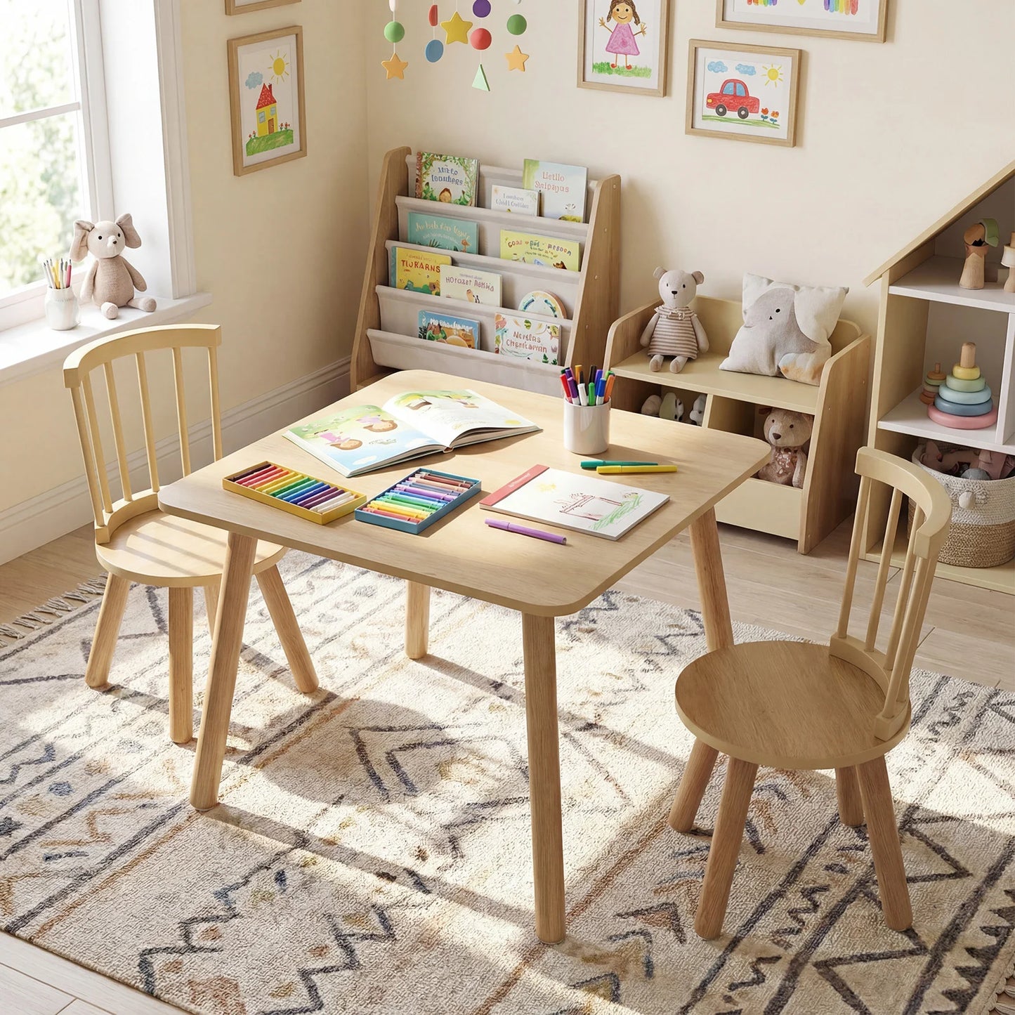 Wooden Kids Table and 2 Chairs Set with Curved Spindle Backrests-Natural