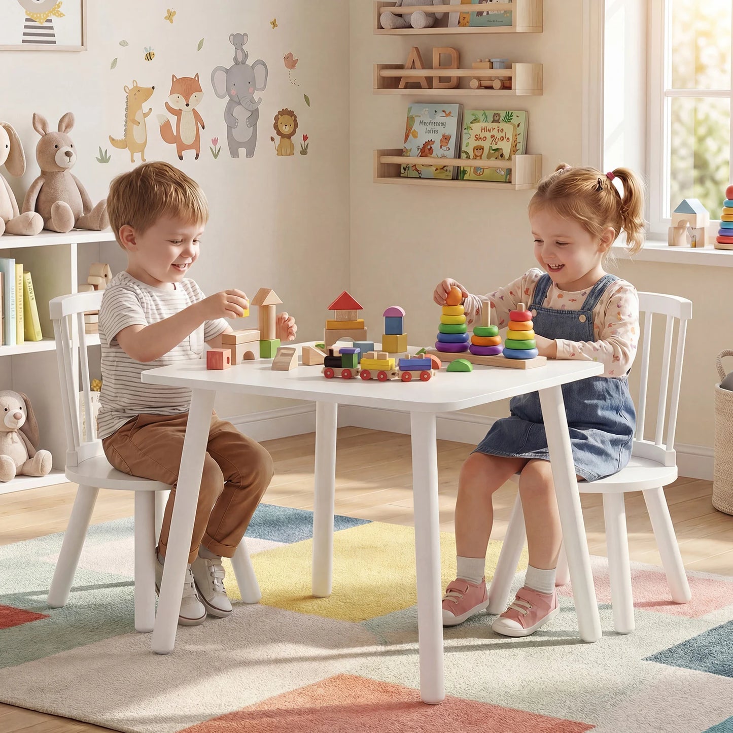 Wooden Kids Table and 2 Chairs Set with Curved Spindle Backrests-Natural