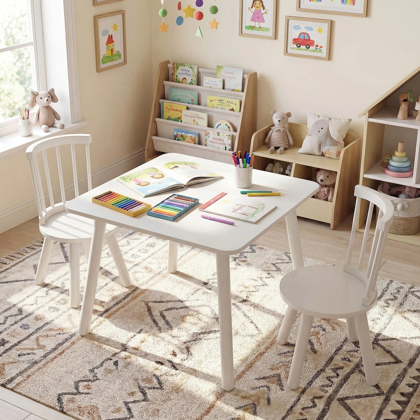 Wooden Kids Table and 2 Chairs Set with Curved Spindle Backrests-Natural