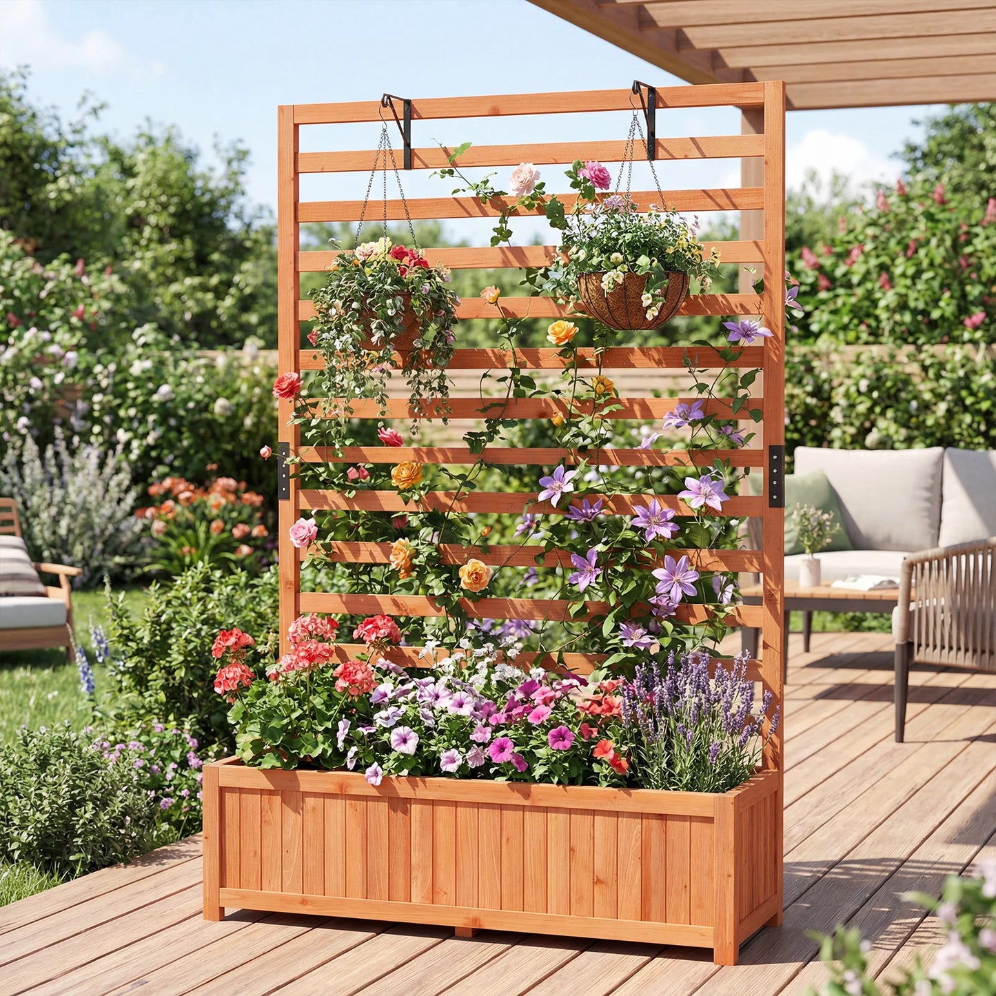 Wooden Raised Garden Bed 150 cm Tall Elevated Planter Box with Vertical Trellis-Natural