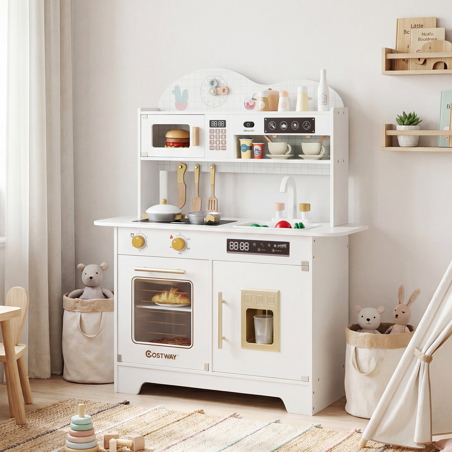 Wooden Toddler Play Kitchen with 17 Pieces Accessories-Pink