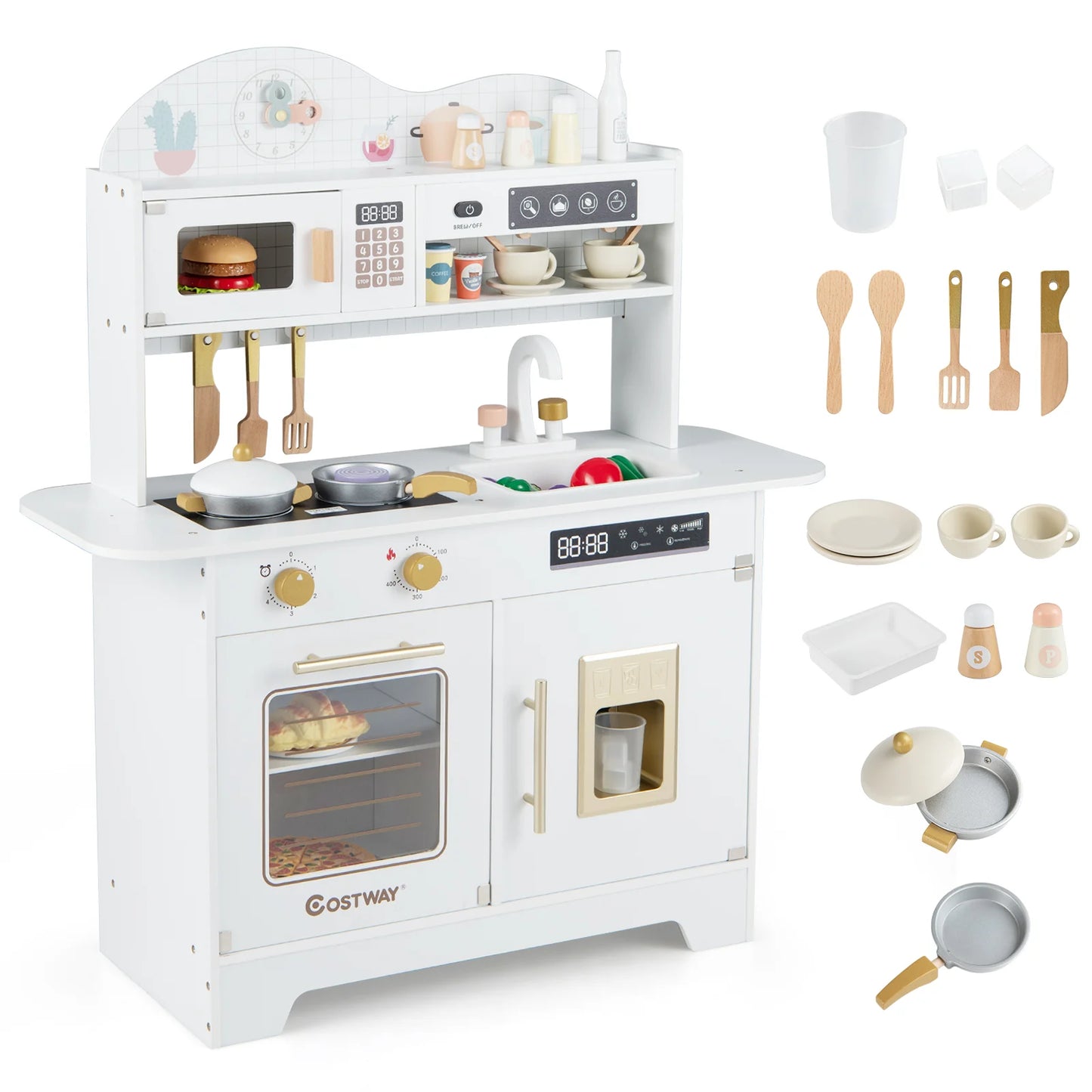 Wooden Toddler Play Kitchen with 17 Pieces Accessories-Pink