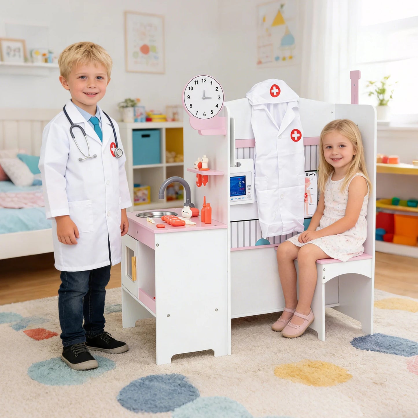 Wooden Toy Medical Center Playset with Faucet and ECG Monitor for Aged 3-6-Blue