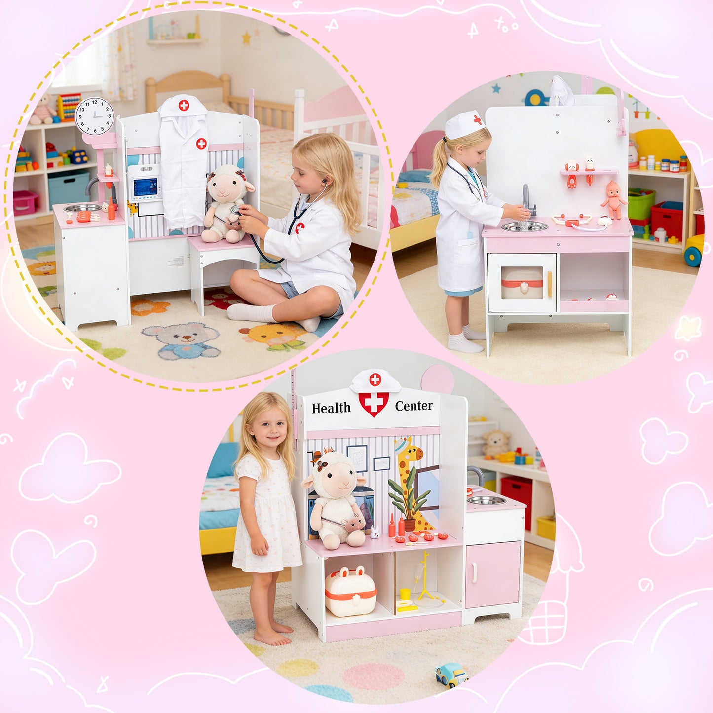 Wooden Toy Medical Center Playset with Faucet and ECG Monitor for Aged 3-6-Blue