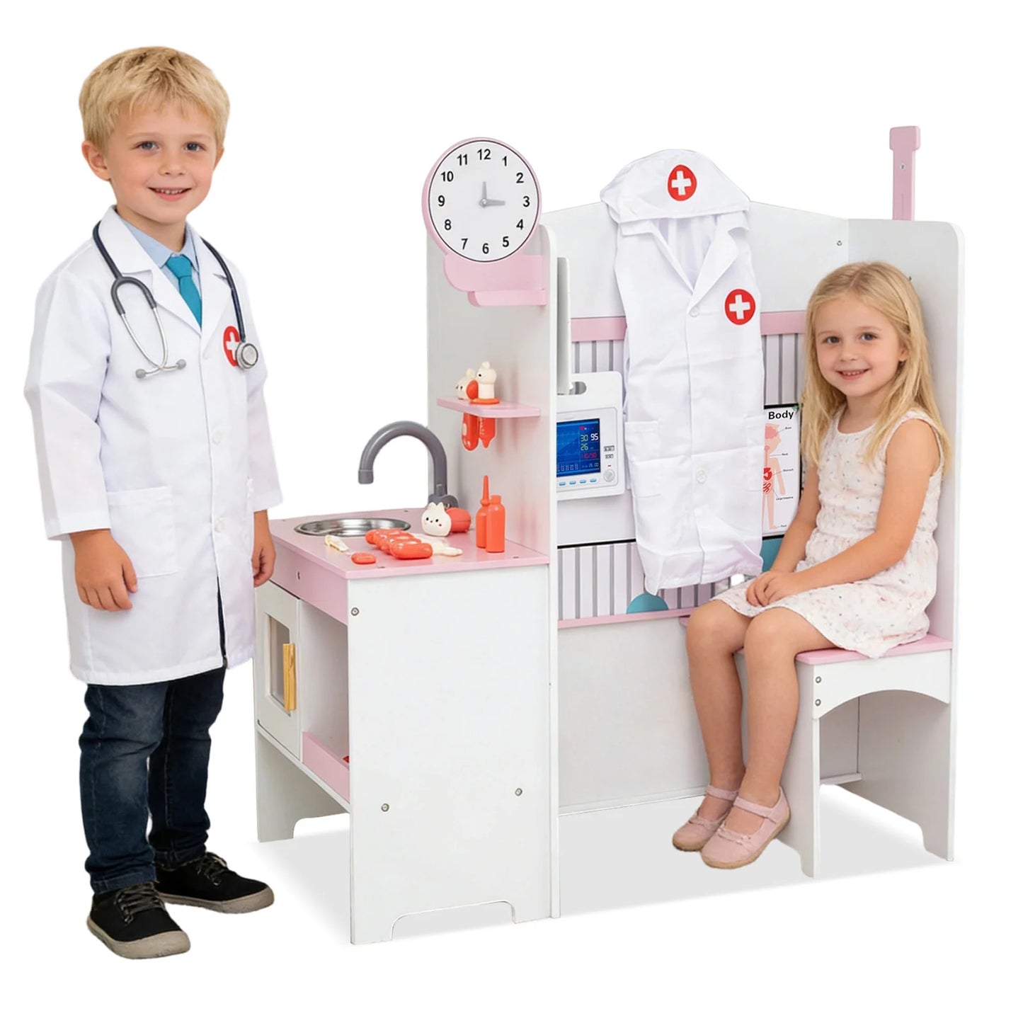 Wooden Toy Medical Center Playset with Faucet and ECG Monitor for Aged 3-6-Blue