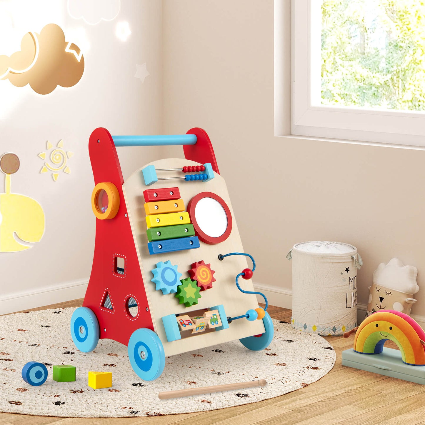 Wooden Baby Walker Learning Activity Walker with Mirror and Wheels-Red