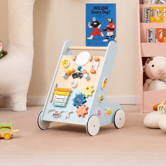 Wooden Baby Walker with Wheels for Boys and Girls 1+ Years Old-Blue