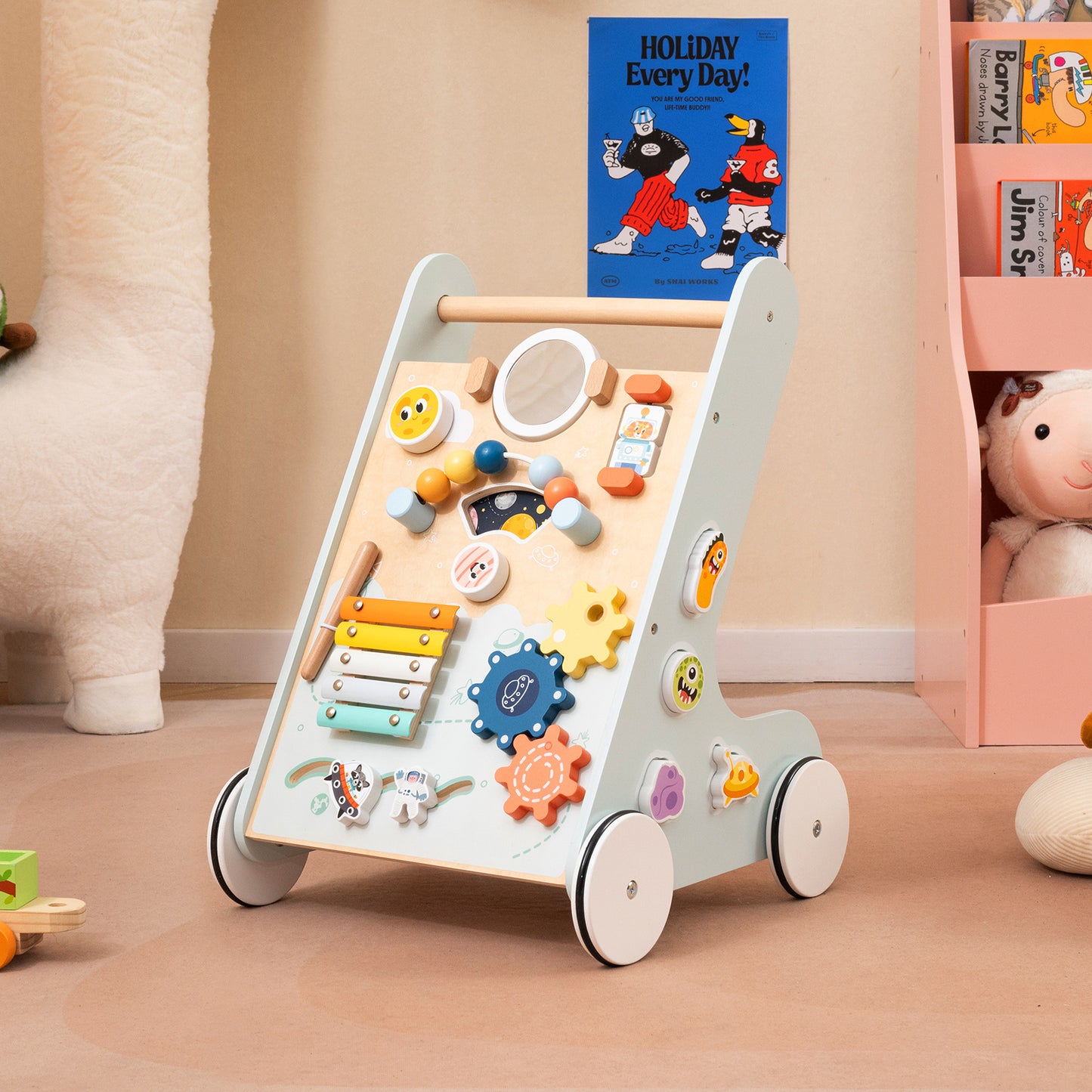 Wooden Baby Walker with Wheels for Boys and Girls 1+ Years Old-Blue