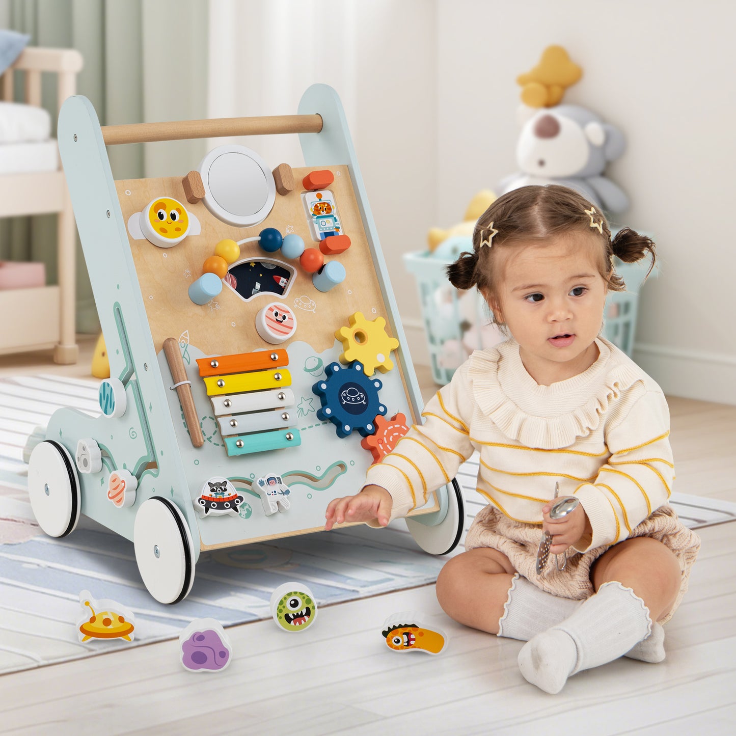 Wooden Baby Walker with Wheels for Boys and Girls 1+ Years Old-Blue