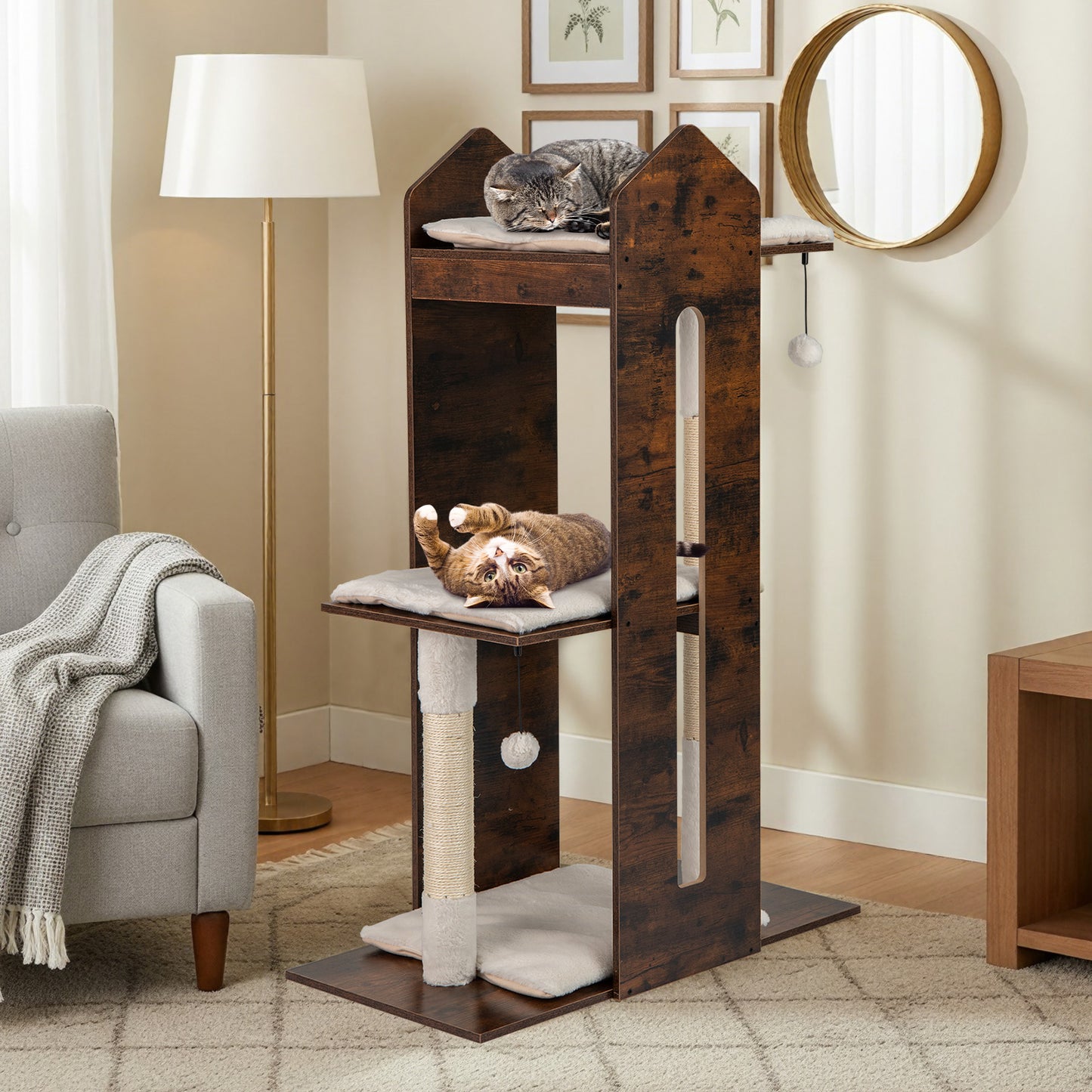 Wooden Cat Activity Center with Sisal Scratching Posts and Hanging Balls-Rustic Brown