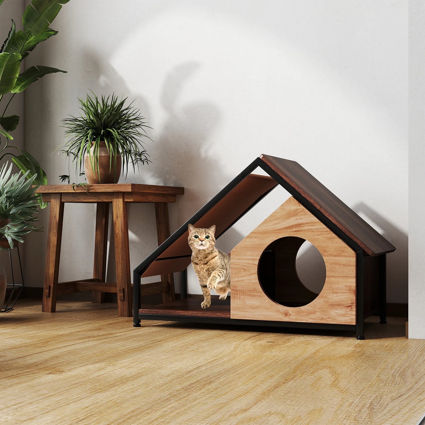 Wooden Cat House for Indoor Cats Kitty Condo Furniture with Porch