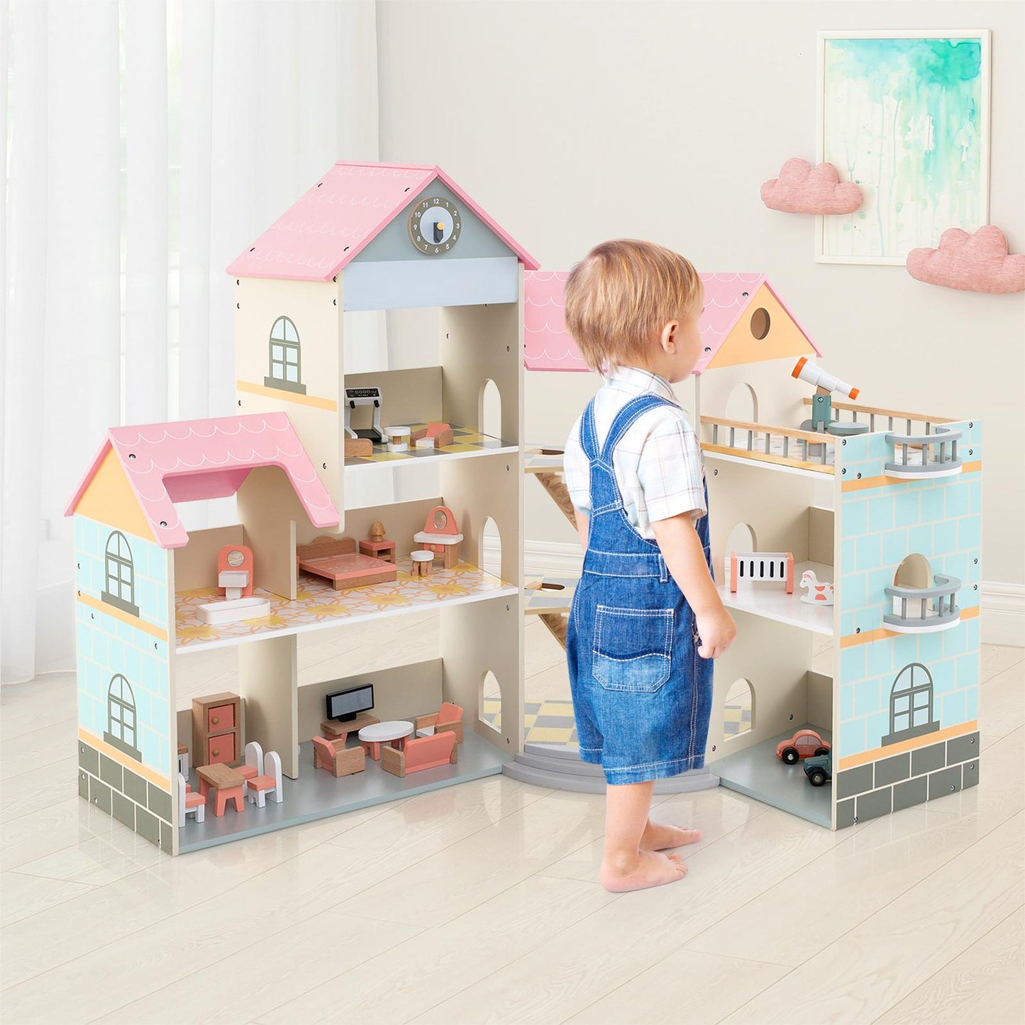 Wooden Corner Dollhouse Playset Pink Roof Doll House-Pink