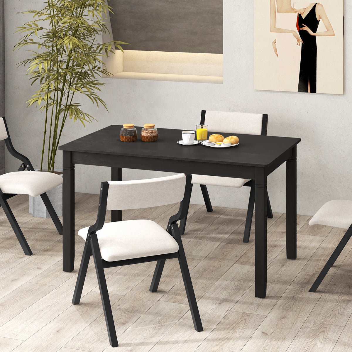 Wooden Rectangular Dining Table with Rubber Wood Legs for 4 People-Black