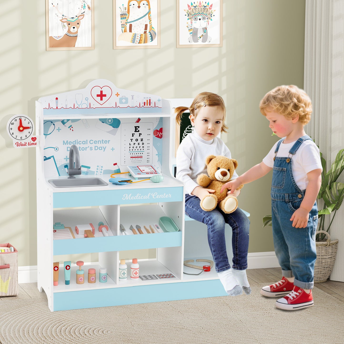 Wooden Doctor Play Set Kids Medical Center with Storage for Boys and Girls 3+ Years Old-Blue