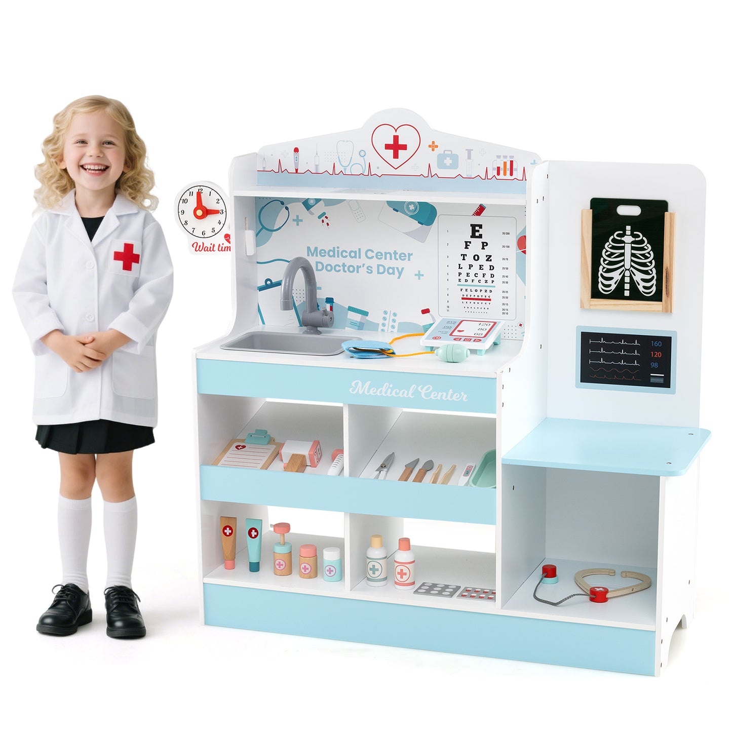 Wooden Doctor Play Set Kids Medical Center with Storage for Boys and Girls 3+ Years Old-Blue