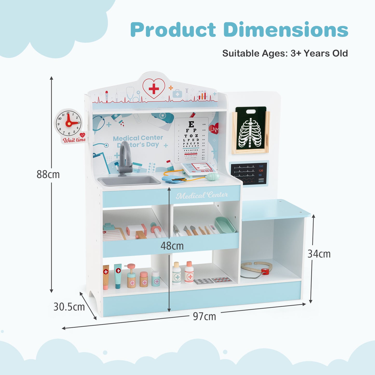 Wooden Doctor Play Set Kids Medical Center with Storage for Boys and Girls 3+ Years Old-Blue