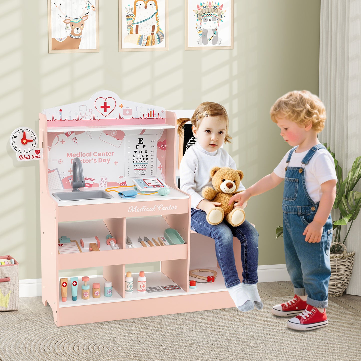 Wooden Doctor Play Set Kids Medical Center with Storage for Boys and Girls 3+ Years Old-Blue