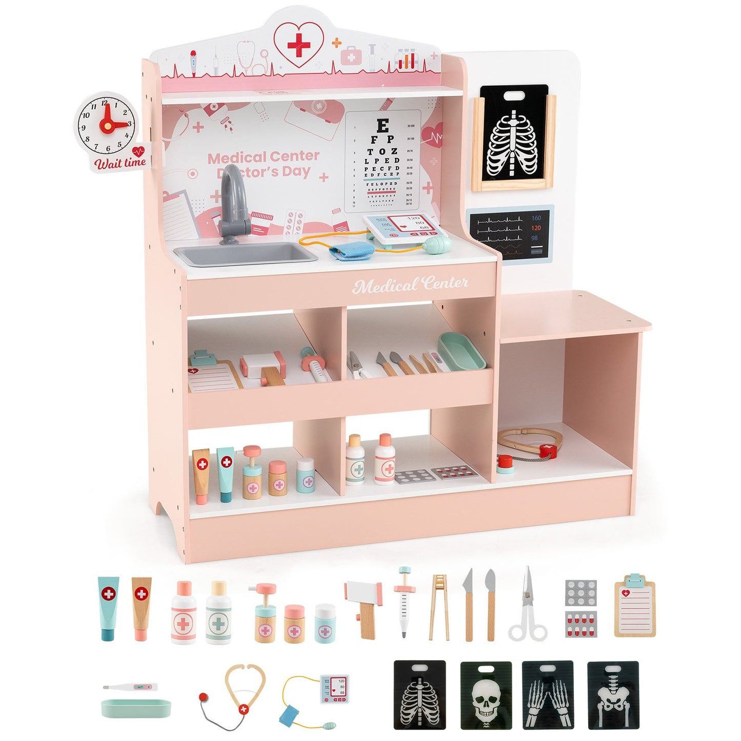 Wooden Doctor Play Set Kids Medical Center with Storage for Boys and Girls 3+ Years Old-Blue