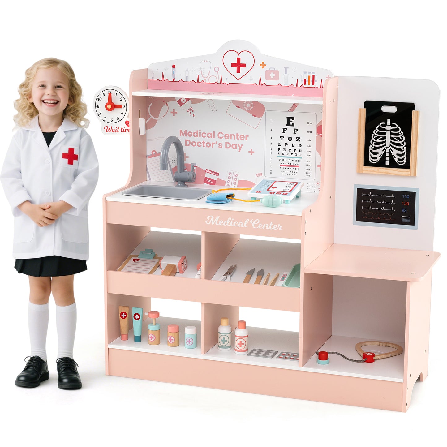 Wooden Doctor Play Set Kids Medical Center with Storage for Boys and Girls 3+ Years Old-Blue