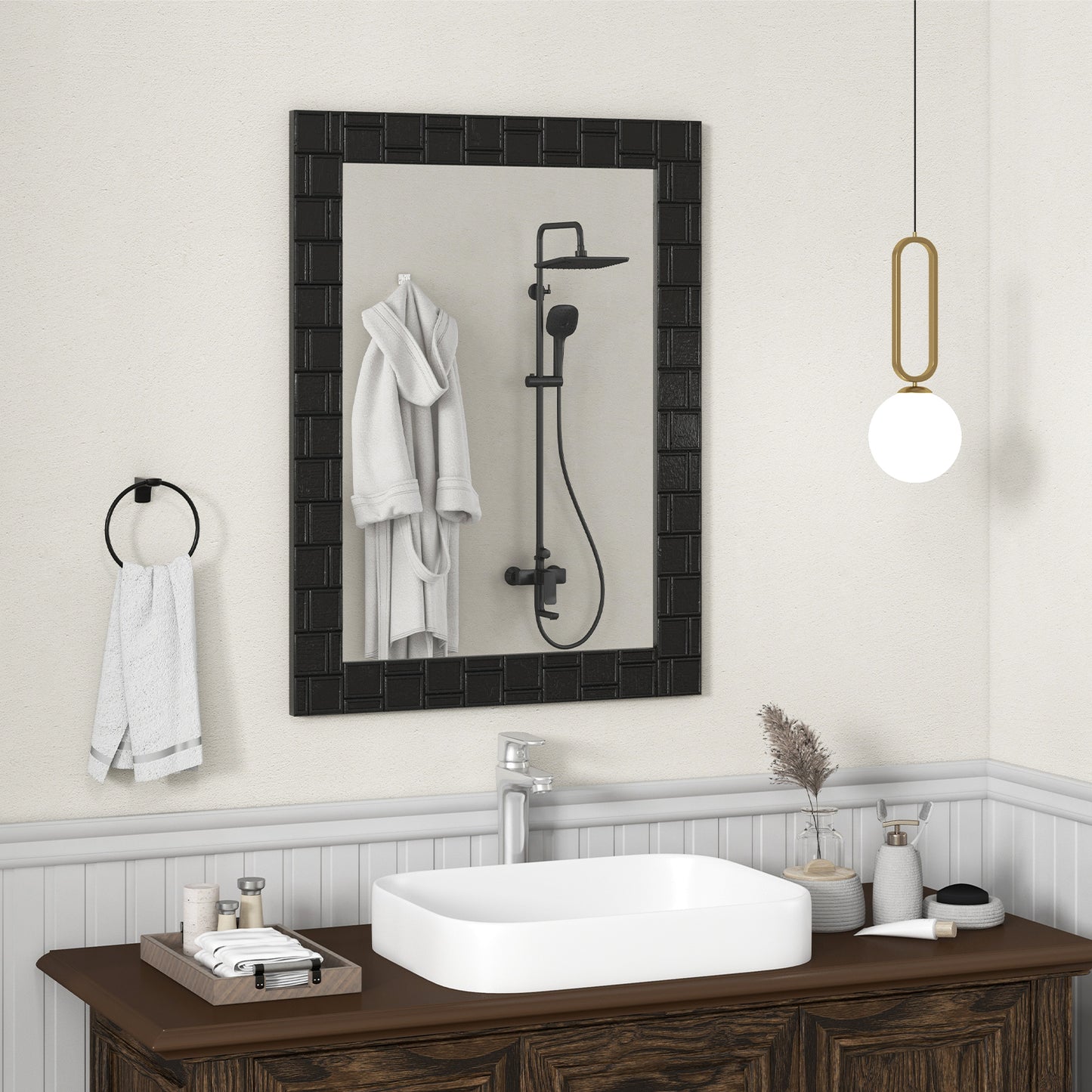 80 x 60 cm Wooden Framed Wall Mirror with Metal Hooks-Black