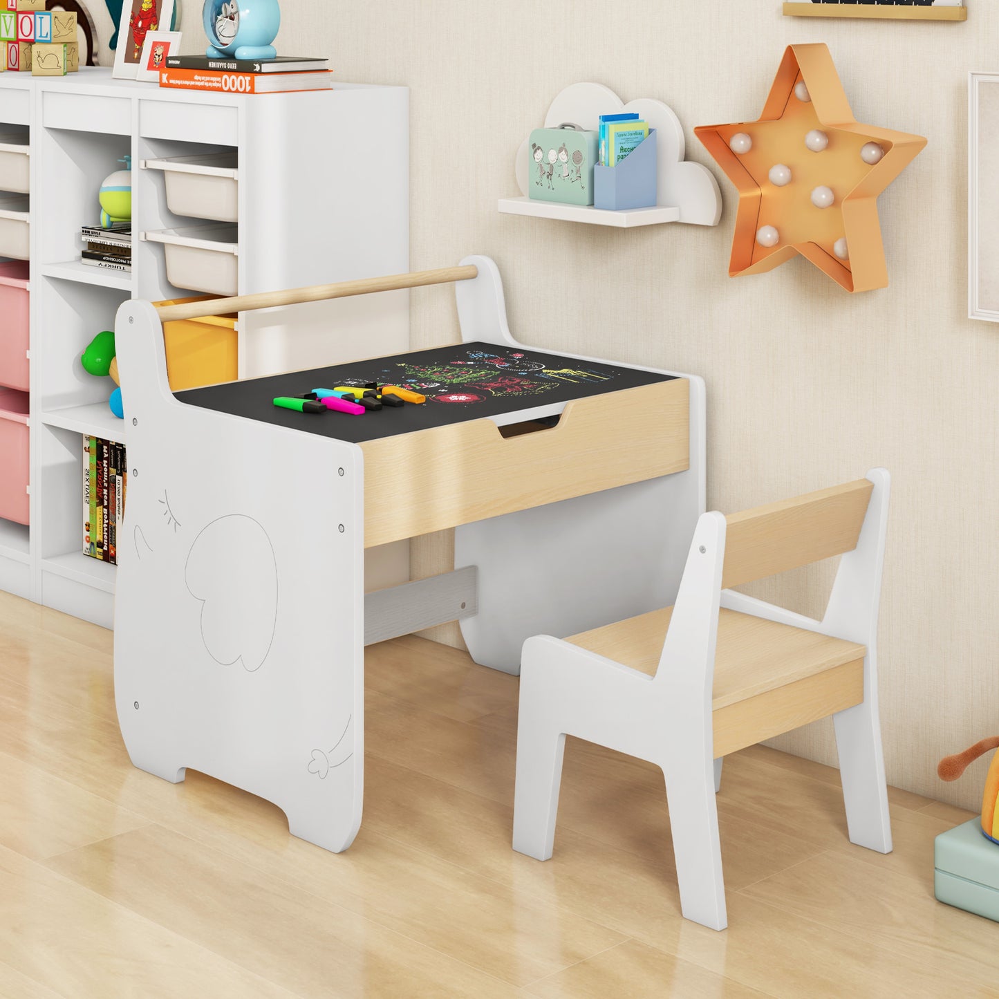 Wooden Kids Activity Table and Chair Set with 2 in 1 Detachable Tabletop-Green