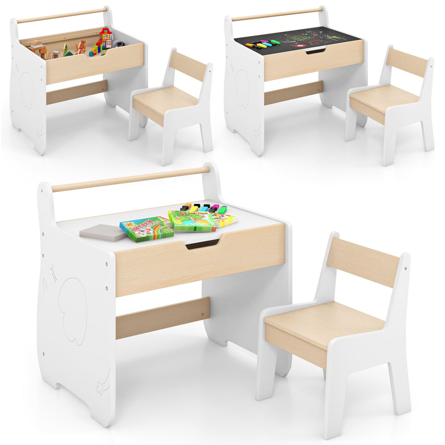 Wooden Kids Activity Table and Chair Set with 2 in 1 Detachable Tabletop-Green