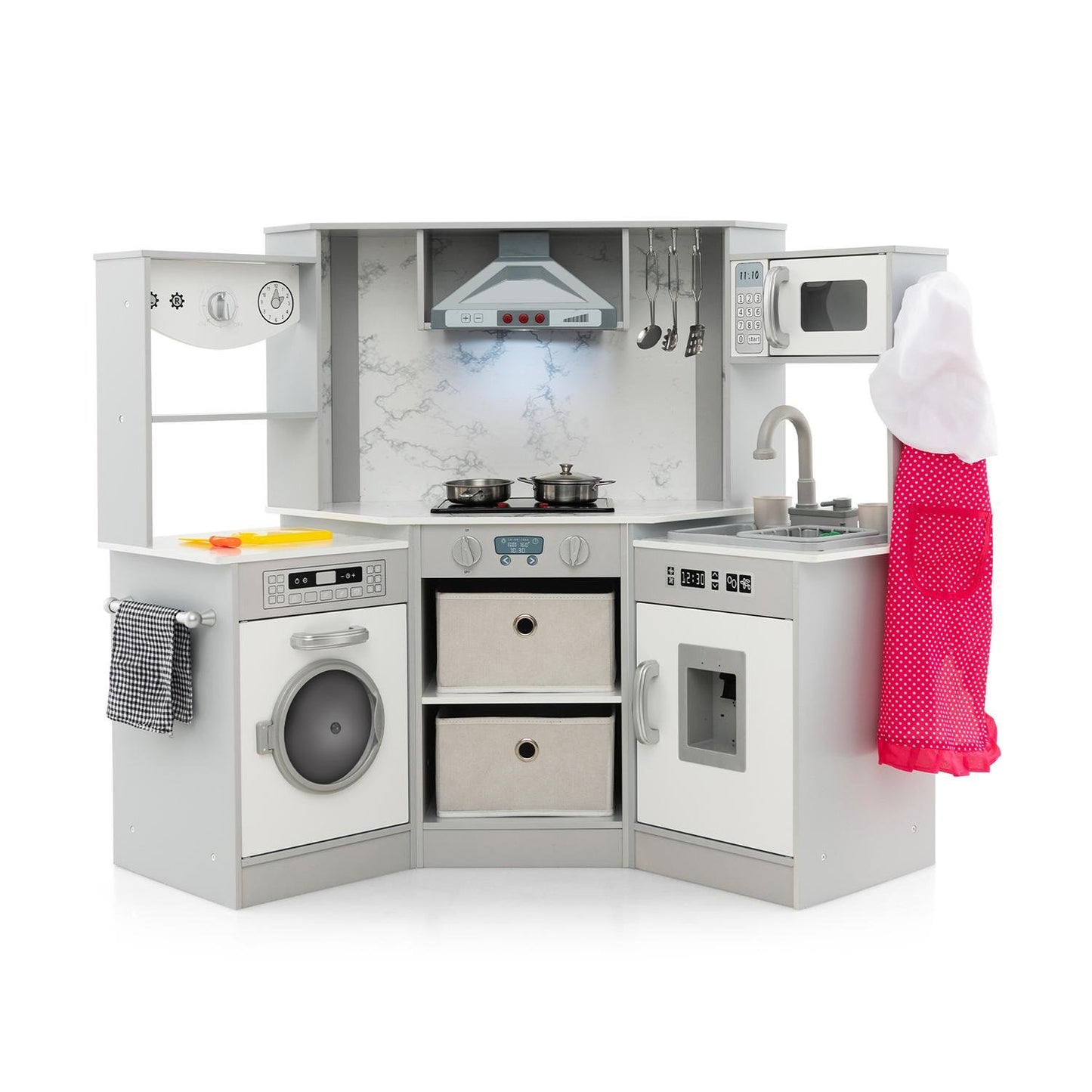 Wooden Kids Play Kitchen Corner with Lights and Water Circulation System-Coffee