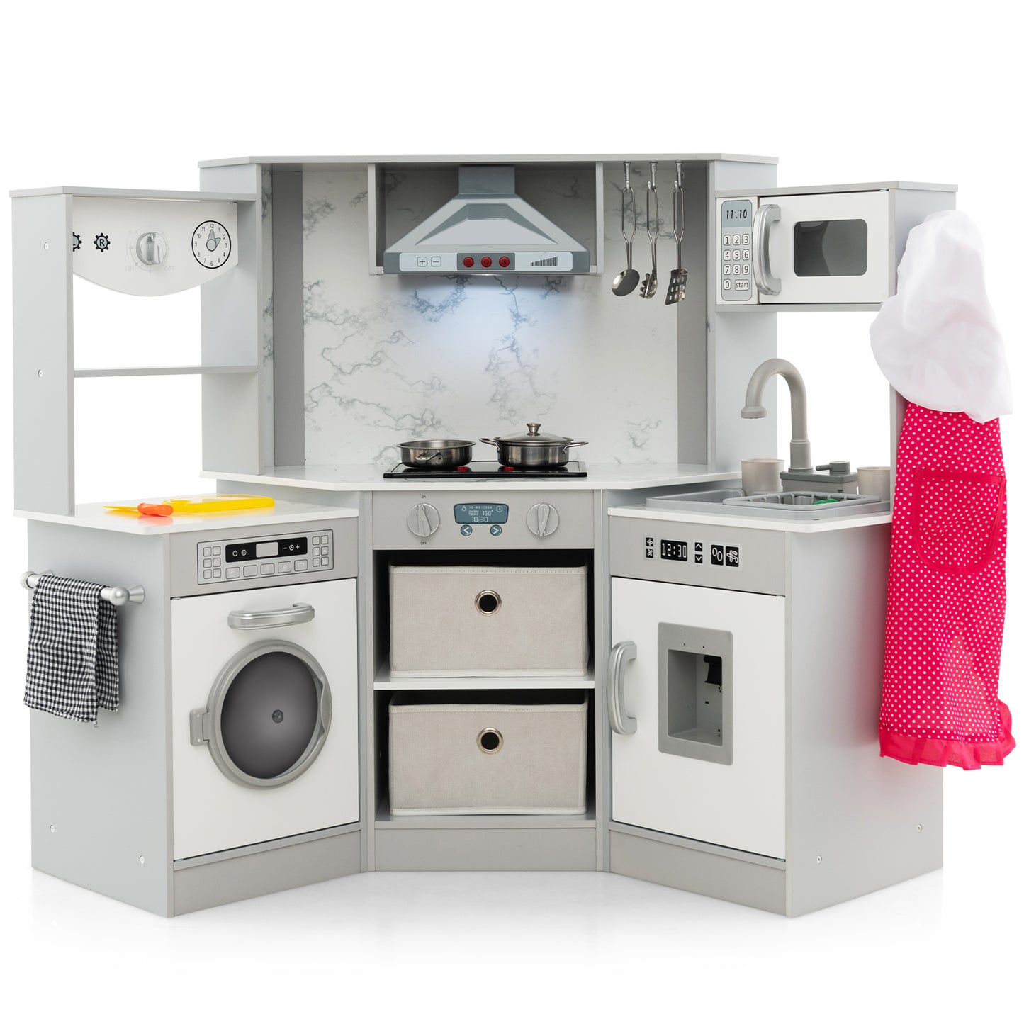Wooden Kids Play Kitchen Corner with Lights and Water Circulation System-Coffee
