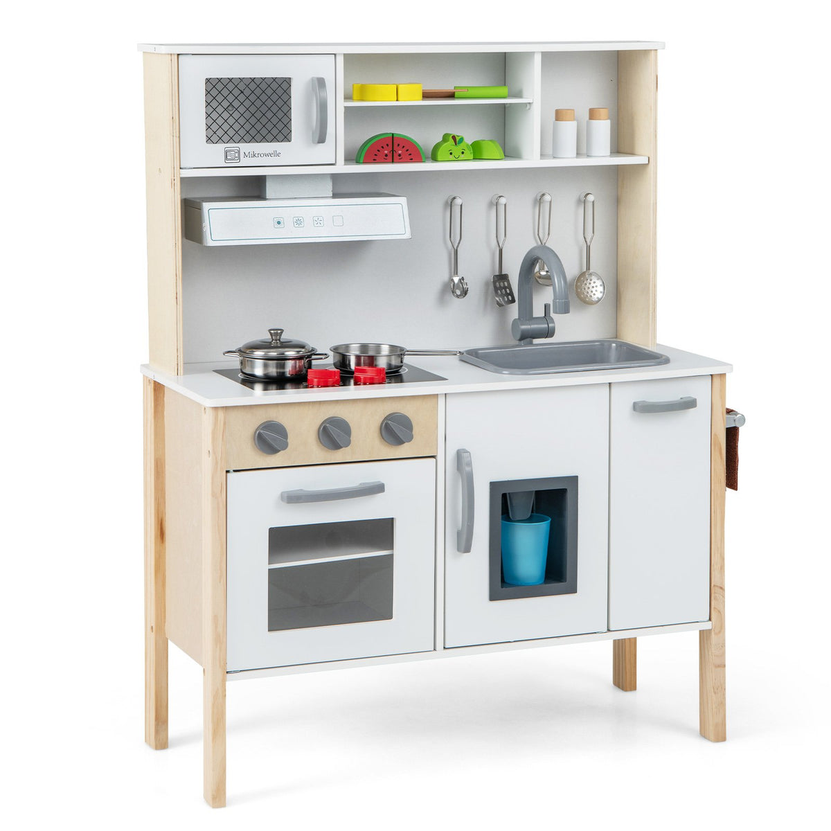 Wooden Kids Play Kitchen Set with Microwave Stoves Oven-Pink