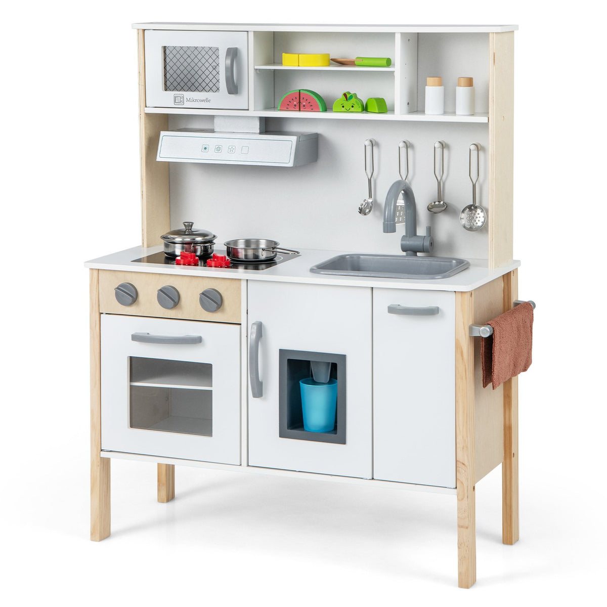 Wooden Kids Play Kitchen Set with Microwave Stoves Oven-Pink