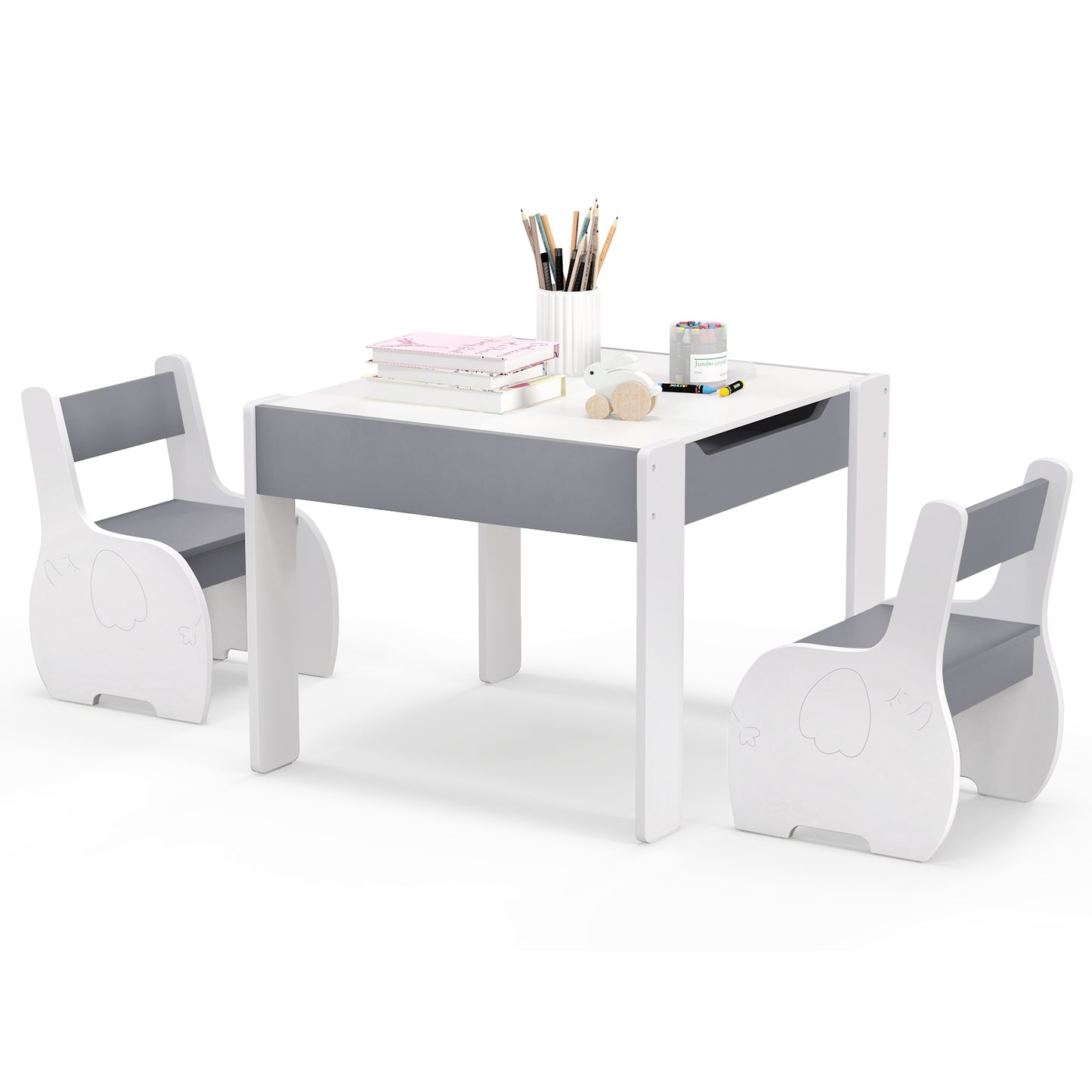 Wooden Kids Table and Chair Set with Hidden Storage-Gray & White