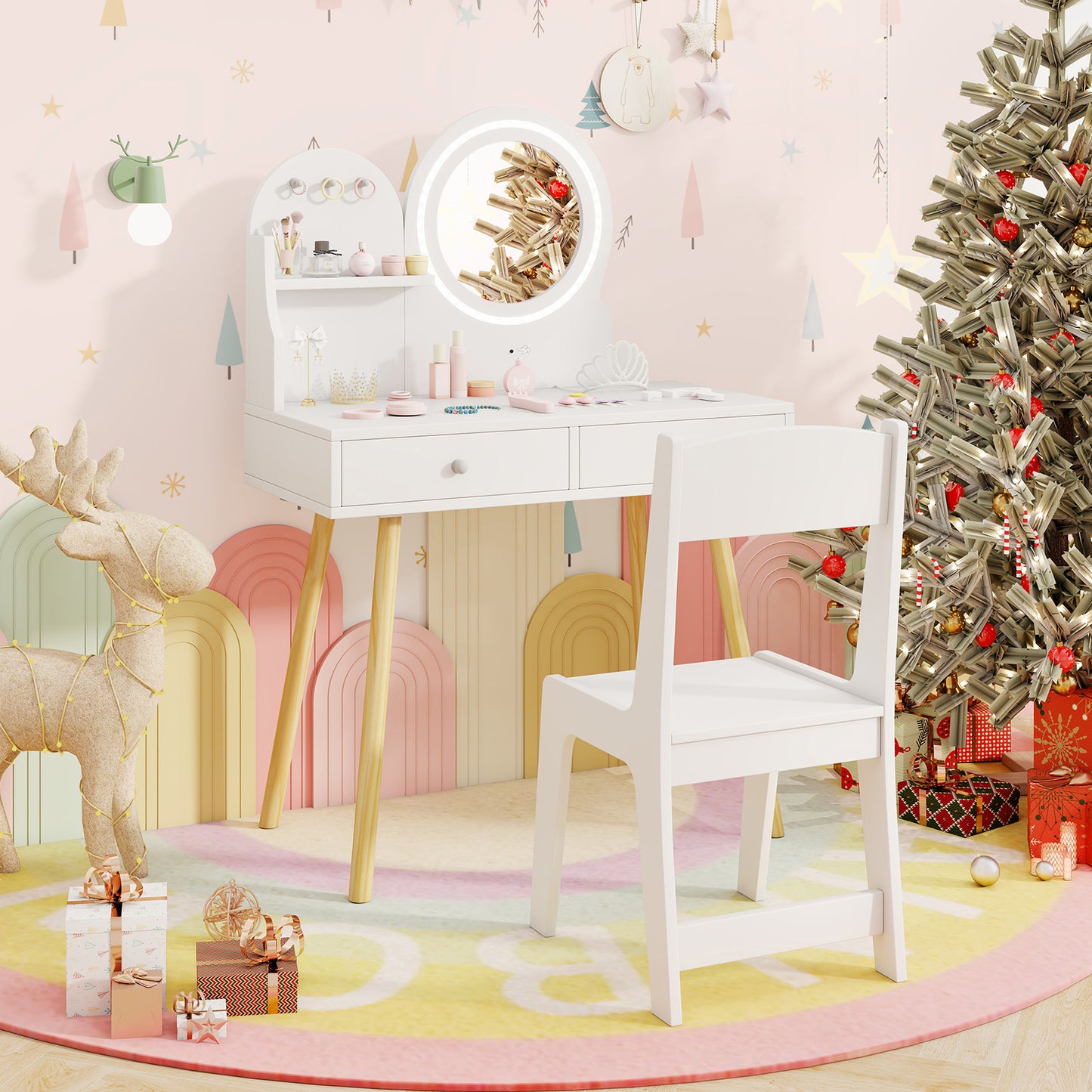 Wooden Kids Vanity Set with Lighted Mirror, Hooks and Storage Drawers-Pink