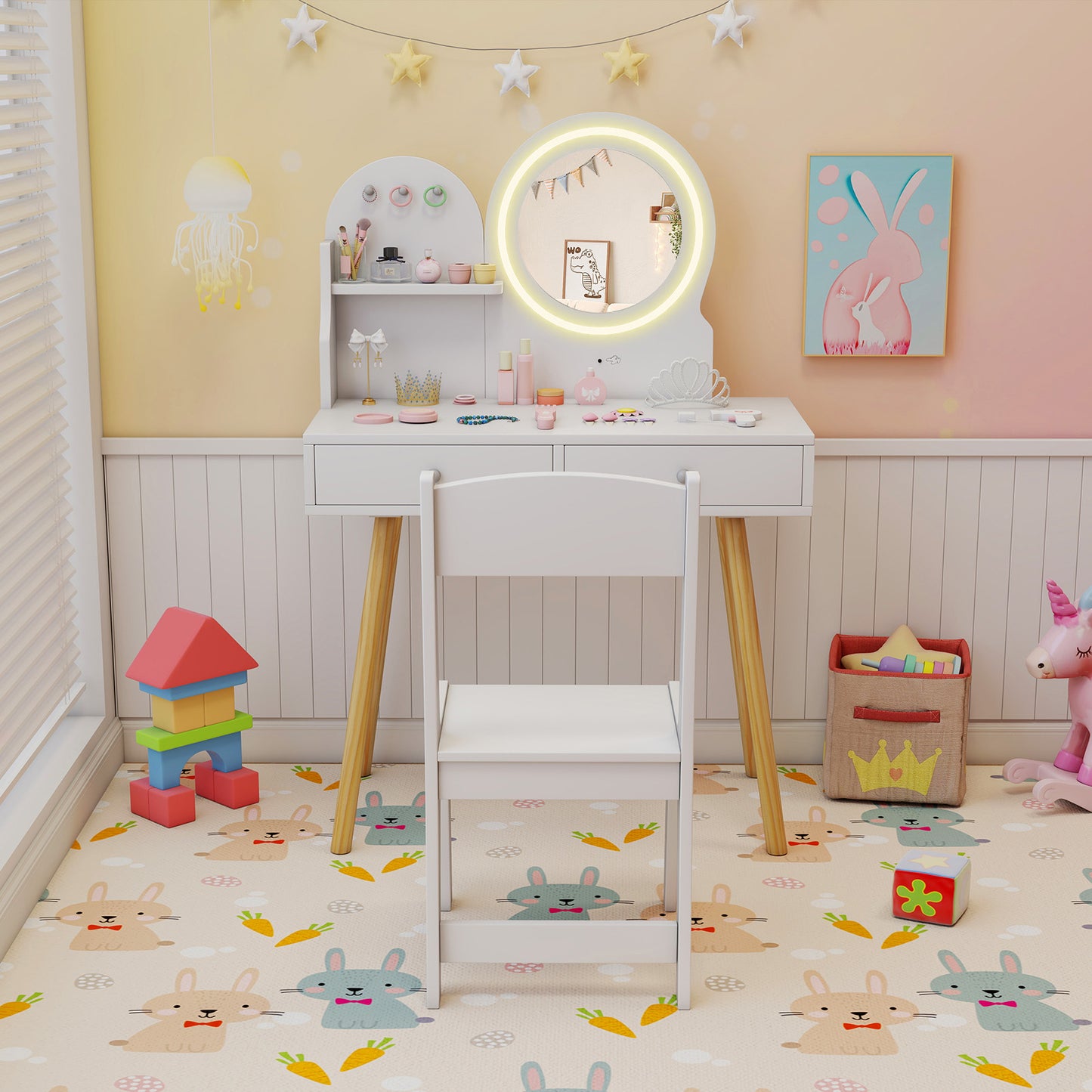 Wooden Kids Vanity Set with Lighted Mirror, Hooks and Storage Drawers-Pink