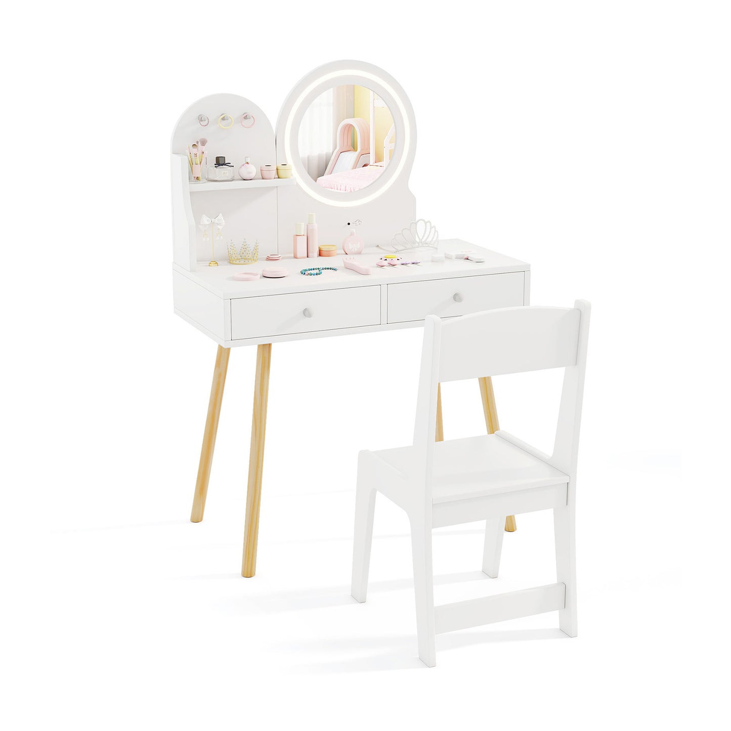 Wooden Kids Vanity Set with Lighted Mirror, Hooks and Storage Drawers-Pink