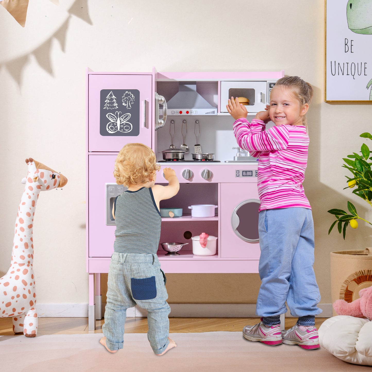 Wooden Kitchen Toy Set with 16 Pieces Accessories and Real Sounds-Pink
